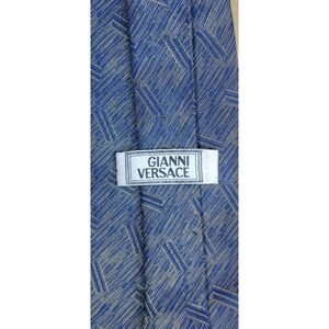 GIANNI VERSACE Men's 100% Silk Tie ITALY Luxury MEDUSA STRIPED Blue/Gold EUC